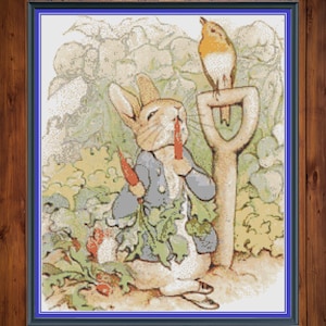 Rabbit in garden cross stitch pattern PDF