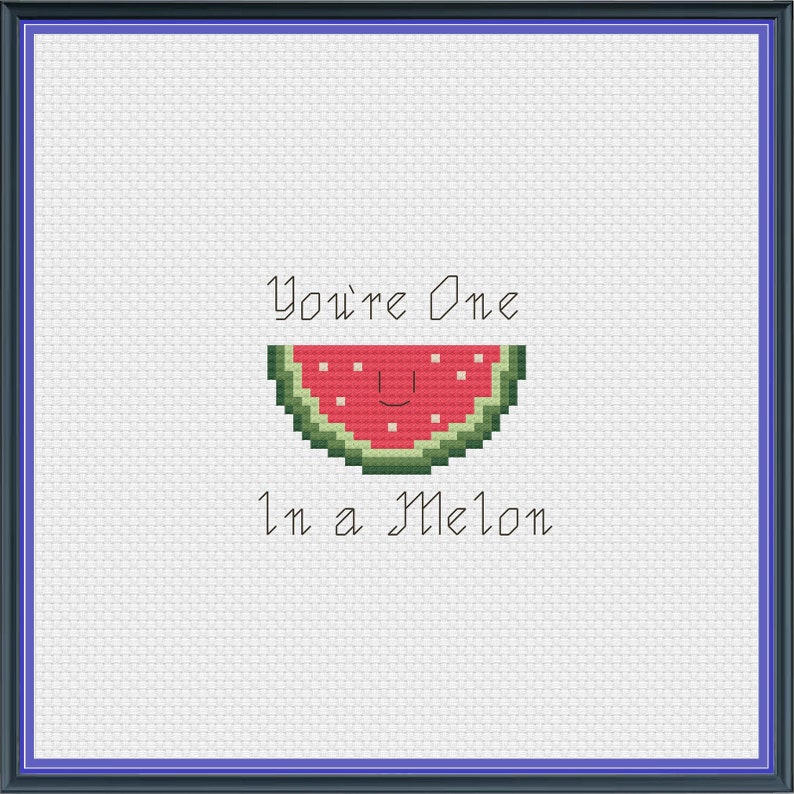 May include: A white background with the text "You're One In a Melon" in black font. A pixelated watermelon slice with a smiling face is in the center of the image.