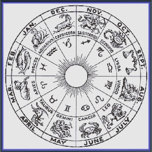 Può includere: Un'illustrazione in bianco e nero della ruota zodiacale con i mesi dell'anno e i segni astrologici. I segni sono rappresentati da animali e simboli.