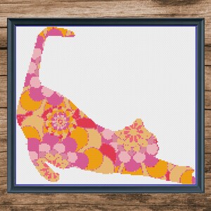 Retro bloemenkat kruissteekpatroon PDF, kattenkruissteek, bloemenkat kruissteek