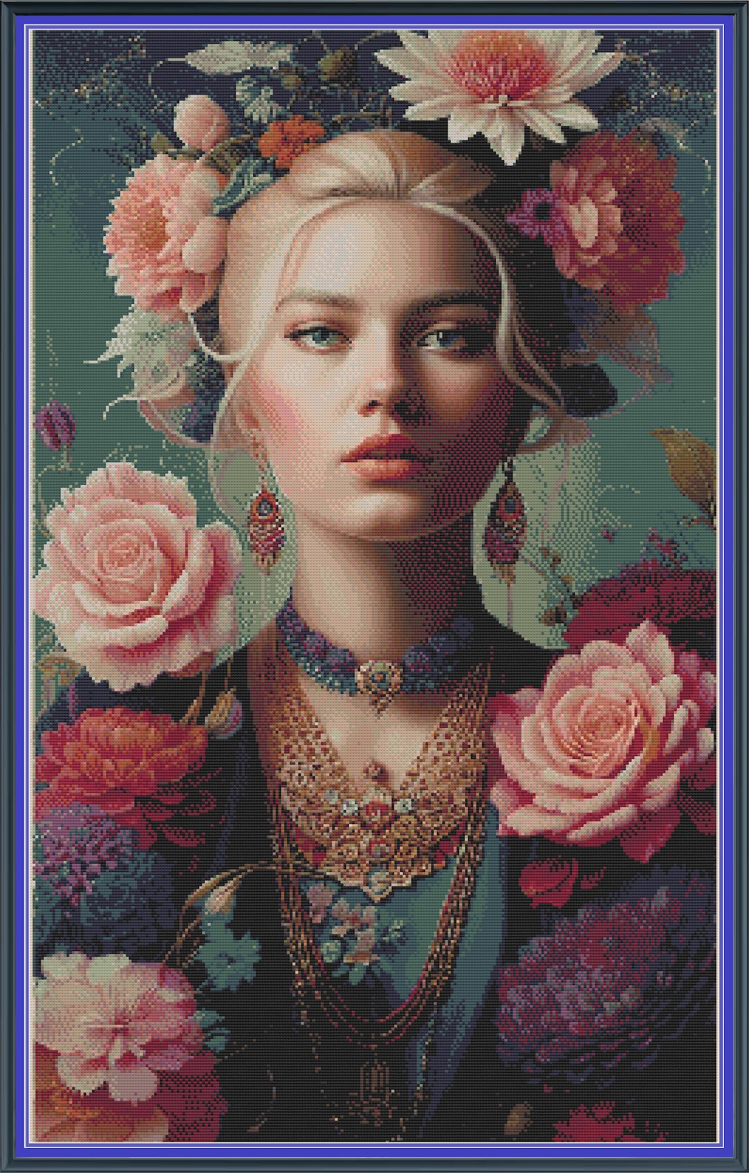 Woman and Flowers Cross Stitch Pattern PDF, Large Cross Stitch, 18 Ct