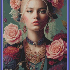 Woman and Flowers cross stitch pattern PDF, large cross stitch, 18 ct cross stitch