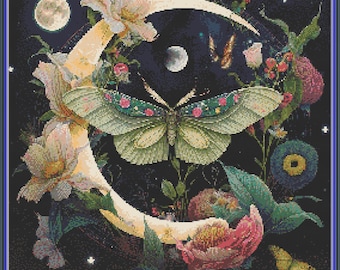 Moon moth cross stitch pattern PDF, moth cross stitch, witchy cross stitch