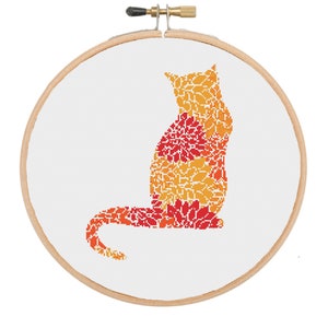 Floral cat cross stitch pattern PDF, cat cross stitch