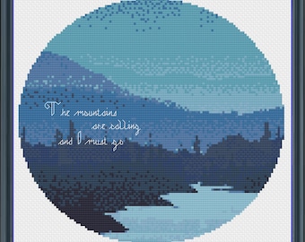 The mountains are calling and I must go cross stitch pattern PDF, mountains cross stitch, landscape cross stitch