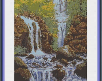 Waterfall cross stitch pattern PDF, waterfall cross stitch, landscape cross stitch, nature cross stitch