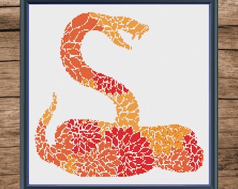 Motif de point de croix serpent floral PDF, point de croix serpent, point de croix animal, point de croix moderne