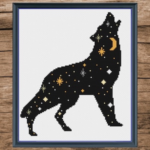 Night sky wolf silhouette cross stitch, wolf cross stitch, animal cross stitch