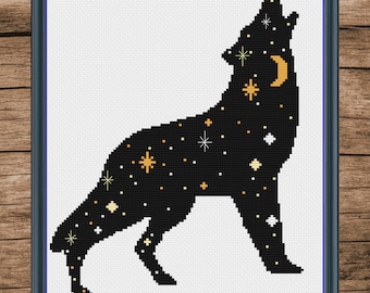 Night sky wolf silhouette cross stitch, wolf cross stitch, animal cross stitch