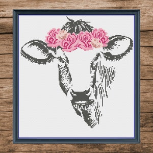 Cow cross stitch pattern PDF, cow cross stitch, floral cross stitch