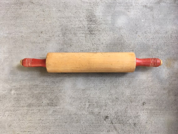 Vintage Rolling Pin Solid Natural Light Wood Red Handles Patina French Farmhouse Kitchen Shabby Chic Rustic Primitive Industrial Baking 17