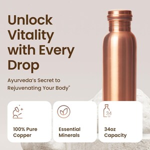 May include: A copper water bottle with a 34 ounce capacity. The bottle is 100% pure copper and contains essential minerals. The text "Unlock Vitality with Every Drop" is displayed above the bottle.