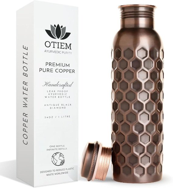Copper Bottle - 1 Litre Copper Water Bottle - Premium Copper with Leak Proof Lid - High Quality Copper Drinkware - Reusable Travel Bottle