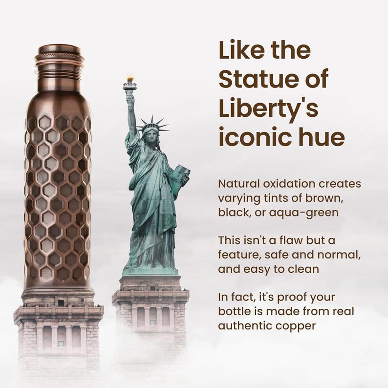 May include: A copper water bottle with a honeycomb design, next to an image of the Statue of Liberty. The text states the bottle's color is like the statue's hue, and that natural oxidation creates varying tints of brown, black, or aqua-green.