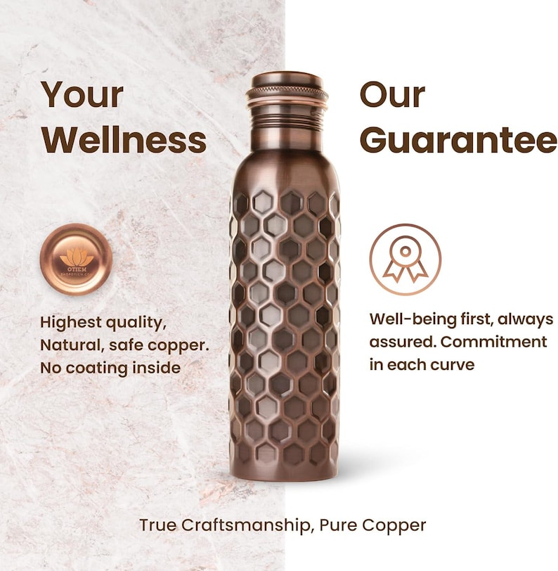 May include: A copper water bottle with a honeycomb pattern. The bottle has a screw-on cap and is made of pure copper. The text on the image says "Your Wellness" and "Our Guarantee".