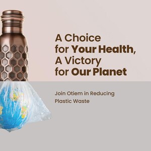 May include: A copper-colored water bottle with a honeycomb design is featured next to a globe wrapped in plastic. The text reads: "A Choice for Your Health, A Victory for Our Planet." The image promotes reducing plastic waste.