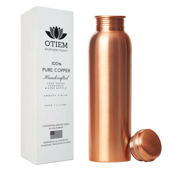 Copper Bottle - 1 Litre Copper Water Bottle - 100% Pure Copper with Leak Proof Lid - High Quality Copper Drinkware - Reusable Travel Bottle