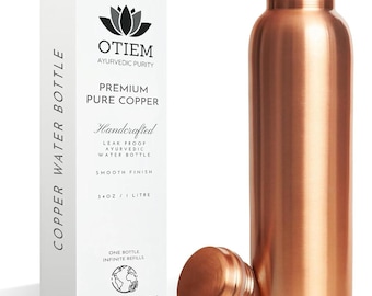Copper Bottle - 1 Litre Copper Water Bottle - Premium Copper with Leak Proof Lid - High Quality Copper Drinkware - Reusable Travel Bottle