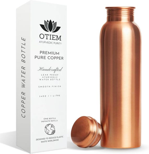 Copper Bottle - 1 Litre Copper Water Bottle - Premium Copper with Leak Proof Lid - High Quality Copper Drinkware - Reusable Travel Bottle
