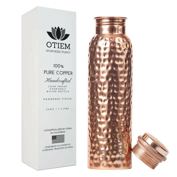 Copper Bottle - 1 Litre Copper Water Bottle - 100% Pure Copper with Leak Proof Lid - High Quality Copper Drinkware - Reusable Travel Bottle