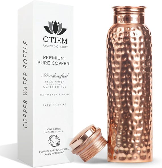 Copper Water Bottle - 1 Litre Copper Bottle - Premium Copper with Leak Proof Lid - High Quality Copper Drinkware - Reusable Travel Bottle