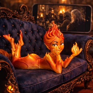 May include: A figurine of a humanoid character with orange and yellow flame-like hair and skin, lying on its stomach. The character has pointed ears, large eyes, and holds a small flame in one hand. The figure is colored in gradients of fire.