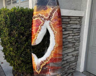 Geode Resin Surf Board - beach art - red, black, yellow, sunset geode gemstones beach house contemporary art - auto shop barber shop art