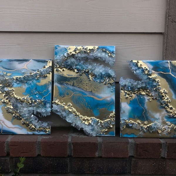 3 piece wall art / resin art / geode art / blue resin art