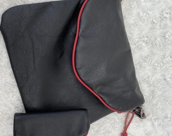 Handmade black leather bag and purse with red leather detail