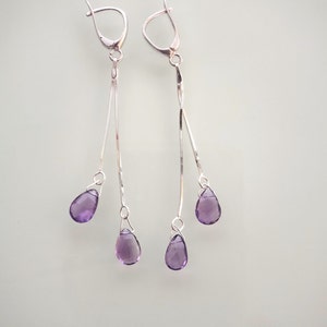 Amethyst Earrings, Long double-stranded solid Sterling Silver Chains, 925 sterling silver leverback earring hooks, February Birthstone