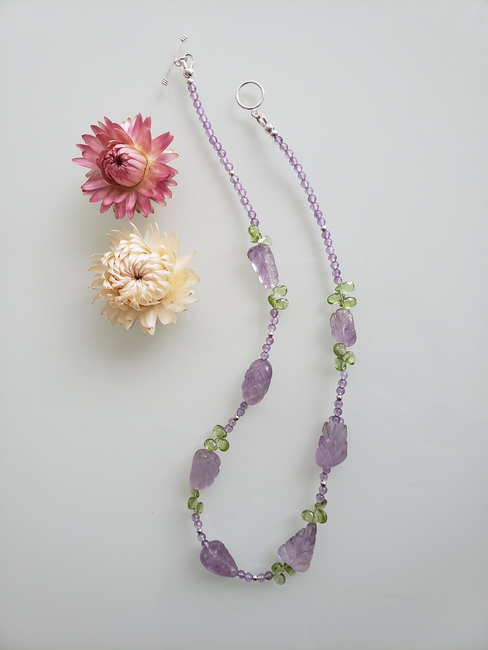 Amethyst Necklace, Amethyst Carved Leafs With Peridot Faceted Pear ...