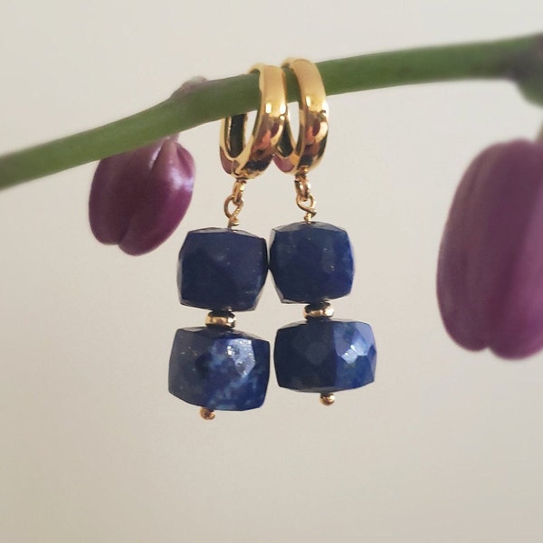 Lapis Lazuli Earrings, Faceted Cube Briolettes Dangle Earrings, 925 sterling silver leverback earring hooks, Gemstone Earrings