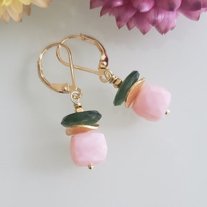 Pink Opal Earrings, Chrome Diopside Earrings, Dangle Earrings, 925 sterling silver (vermeil) leverback earring hooks, Gemstone Earrings