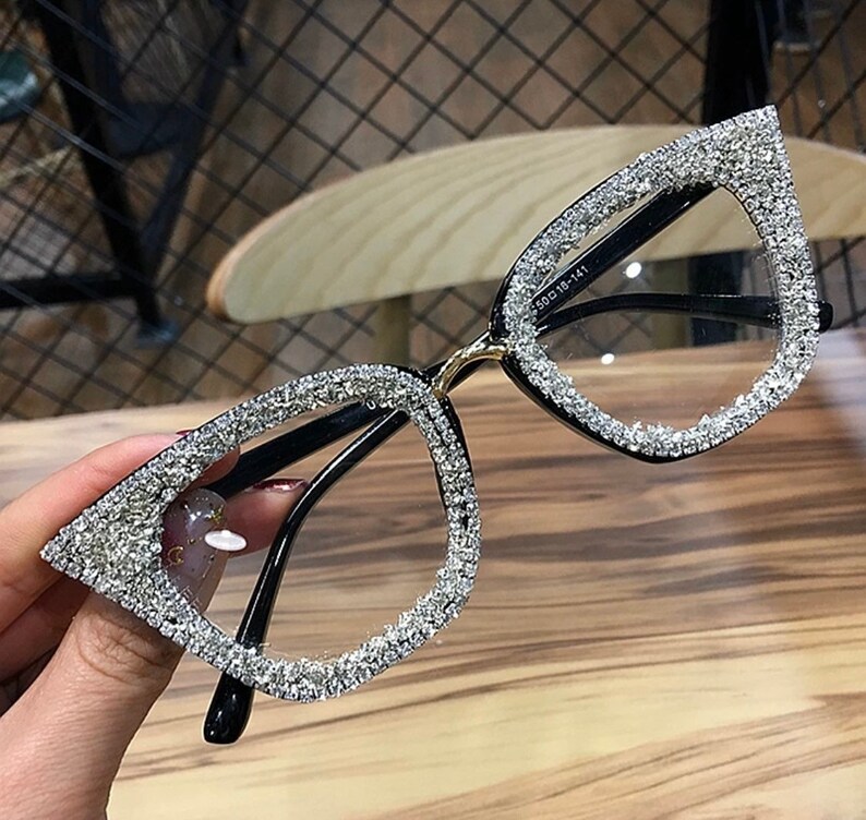 Oversized Cat Eye Rhinestone Glasses With Blue Light Blocking Etsy