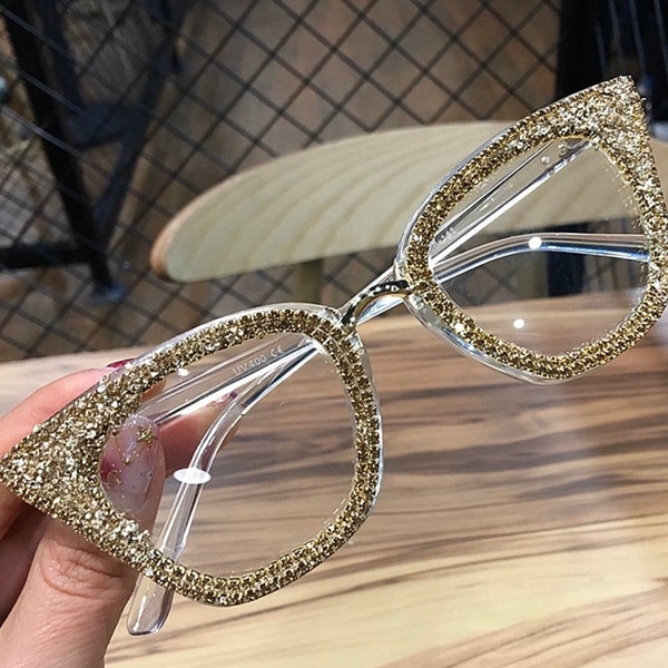 Oversized Cat Eye rhinestone glasses with blue light blocking lenses, champagne eyewear, cateye style frame