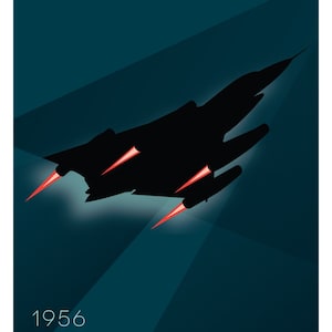 Puede incluir: Una silueta en blanco y negro de un avión a reacción Convair B-58 Hustler sobre un fondo azul oscuro. El avión vuela con sus postcombustión encendidos. El texto "1956 Convair B-58 Hustler Robert H. Widmer" está impreso debajo del avión.