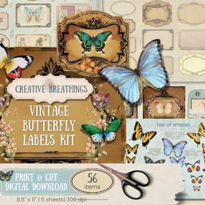 Vintage Butterfly Labels Junk Journal Kit, Butterfly digitals, Butterfly Tags, Wedding Party Favors Printables