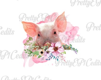 Peek a boo piggy, pink pig, floral, watercolor, printable digital image, PNG, JPG