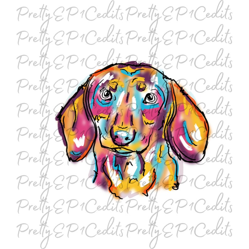 May include: A colorful, abstract painting of a dachshund dog's head. The dog's fur is painted in shades of yellow, orange, pink, and blue. The dog's eyes are large and round, and its nose is black.