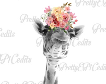 Giraffe with flowers on head, digital download, clip art, PNG, JPG