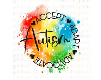 Autism awareness design, Autism sublimation art, accept, adapt, advocate, digital download PNG, JPG