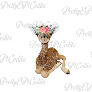 PNG watercolor baby giraffe with flower crown, printable digital image, PNG, JPG