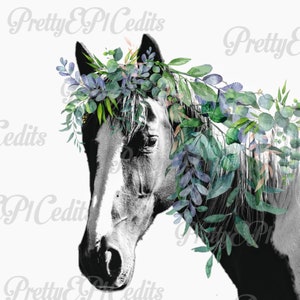 Watercolor horse, floral greenery, handmade, digital download, printable image, PNG, JPG