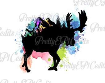 Moose, watercolor rainbow, silhouette, printable digital image PNG, JPG