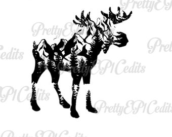 Moose, trees mountain silhouette, printable digital image PNG, JPG
