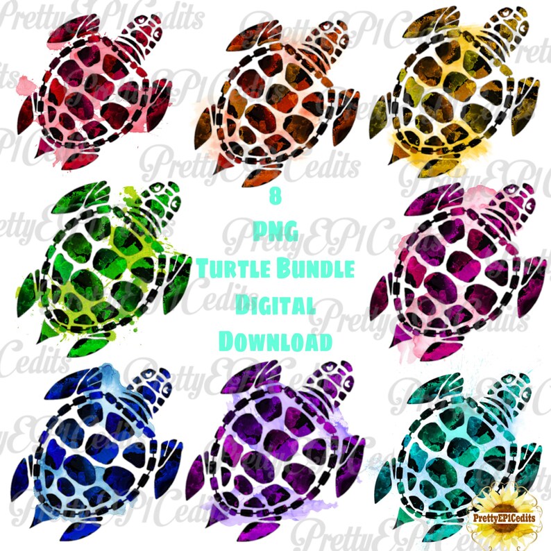 May include: A set of eight digital watercolor turtle illustrations. The turtles are in various colors, including red, green, purple, blue, and yellow. The illustrations are perfect for use in crafts, scrapbooking, and other creative projects.