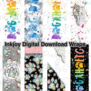 Op de afbeelding: Vier digitaal te downloaden ontwerpen voor inpakpapier. De ontwerpen bevatten een regenboog met poot afdrukken, een aquarel ontwerp met poot afdrukken, een zwarte achtergrond met regenboogkleurige poot afdrukken en een zwart-witte hond met de tekst "Oordeel niet over wat je niet begrijpt".