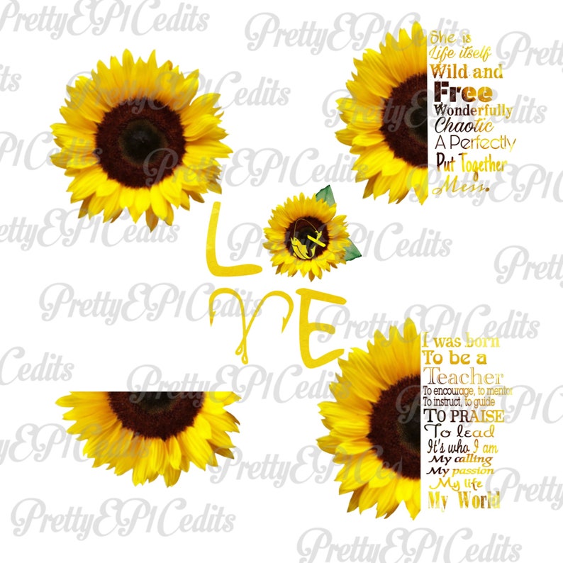 K&ouml;nnte beinhalten: Ein digitaler Kunstdruck mit einer Sonnenblume und dem Wort "LOVE" in gelben Buchstaben. Die Sonnenblume ist umgeben von Text, der lautet "She is life itself Wild and Free Wonderfully Chaotic A Perfectly Put Together Mess" und "I was born to be a Teacher To encourage, to mentor, to instruct, to guide TO PRAISE To lead It's who I am My calling My passion My life My World".