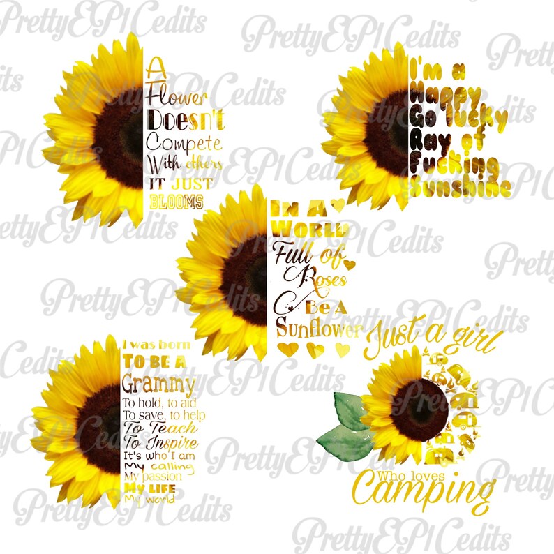 K&ouml;nnte beinhalten: Vier digitale Illustrationen von Sonnenblumen mit verschiedenen Text&uuml;berlagerungen. Die erste Sonnenblume hat den Text "Eine Blume konkurriert nicht mit anderen, sie bl&uuml;ht einfach nur". Die zweite Sonnenblume hat den Text "Ich bin ein fr&ouml;hlicher, unbeschwerter Sonnenschein". Die dritte Sonnenblume hat den Text "Ich bin in einer Welt voller Rosen, sei eine Sonnenblume". Die vierte Sonnenblume hat den Text "Einfach ein M&auml;dchen, das Camping liebt".