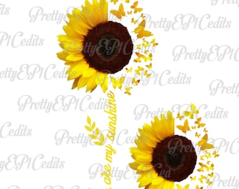 Könnte beinhalten: Zwei gelbe Sonnenblumen mit braunen Zentren, umgeben von gelben Schmetterlingen. Die Sonnenblumen sind einander zugewandt und der Text "You are my sunshine" ist vertikal zwischen ihnen geschrieben.
